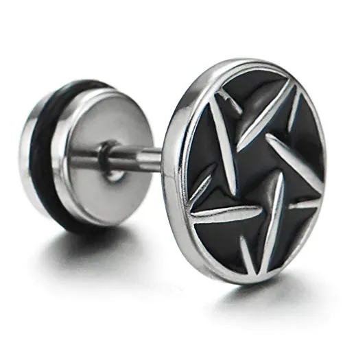 10MM Stainless Steel Star Pentagram Circle Stud Earrings with Black Enamel, Men Women, Screw Back