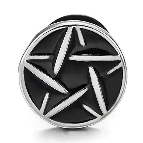 10MM Stainless Steel Star Pentagram Circle Stud Earrings with Black Enamel, Men Women, Screw Back