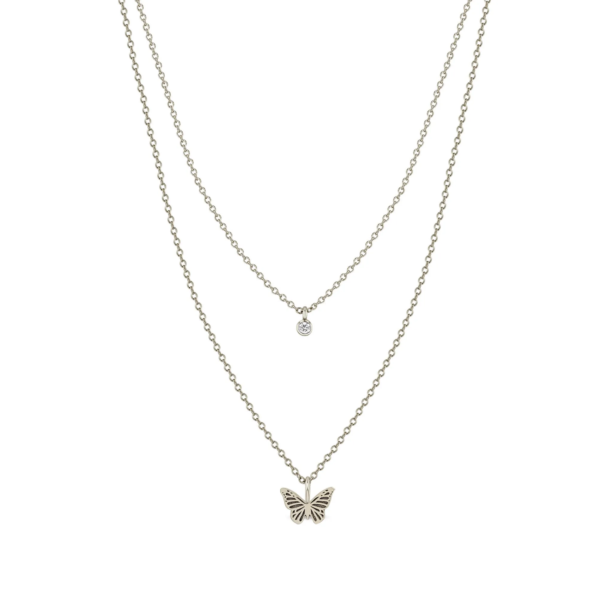 14k Diamond Bezel & Midi Bitty Butterfly Layered Necklace