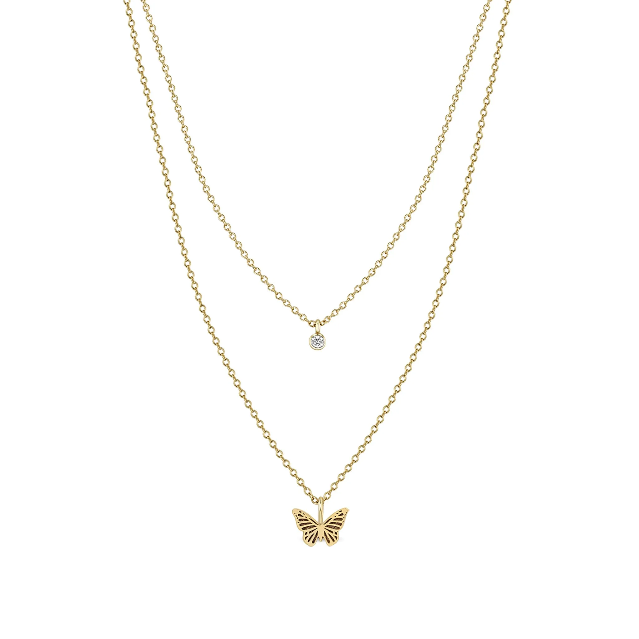 14k Diamond Bezel & Midi Bitty Butterfly Layered Necklace