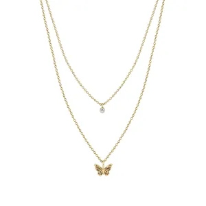 14k Diamond Bezel & Midi Bitty Butterfly Layered Necklace