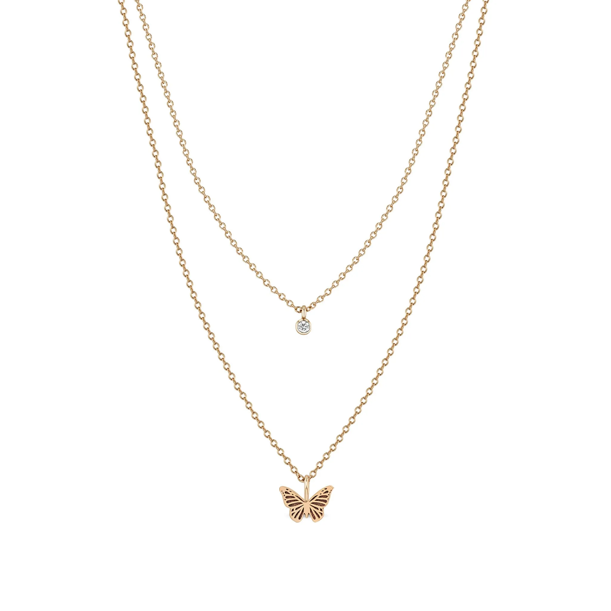 14k Diamond Bezel & Midi Bitty Butterfly Layered Necklace