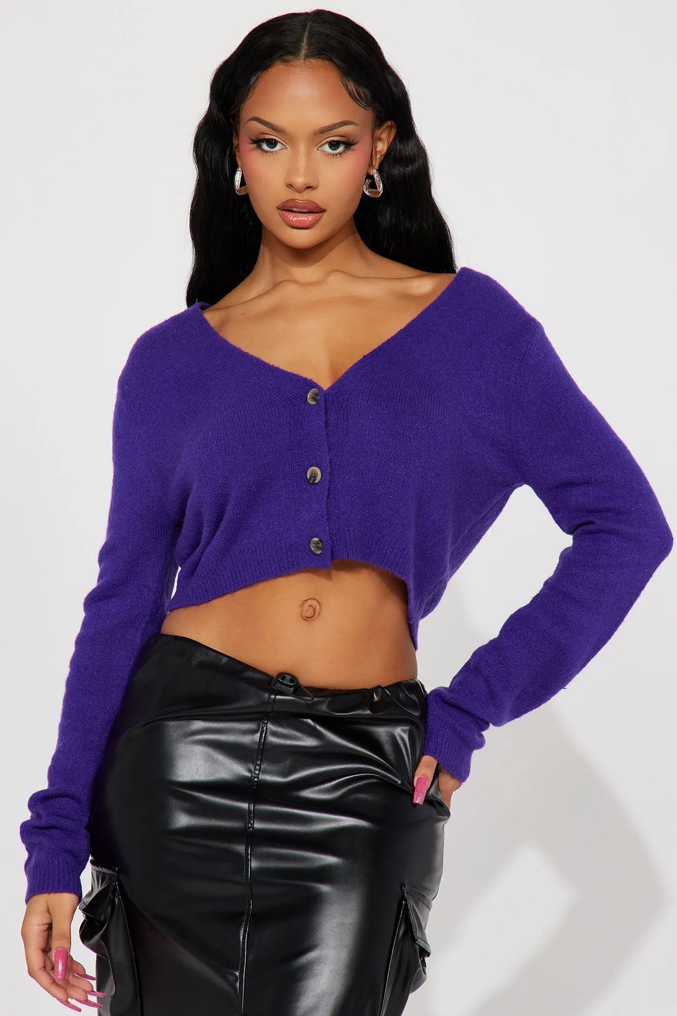 Albyn Cropped Cardigan Sweater - Purple