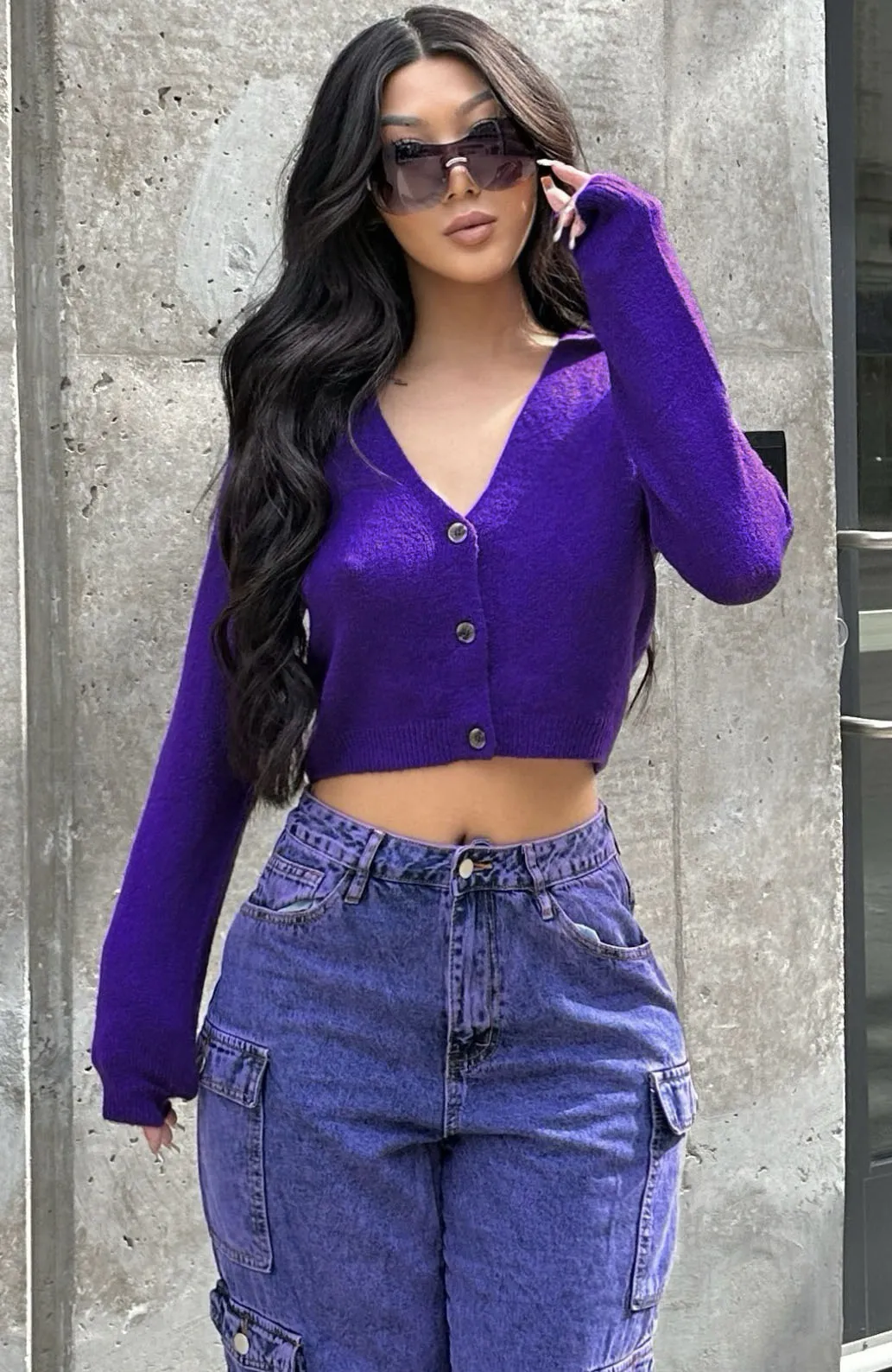 Albyn Cropped Cardigan Sweater - Purple