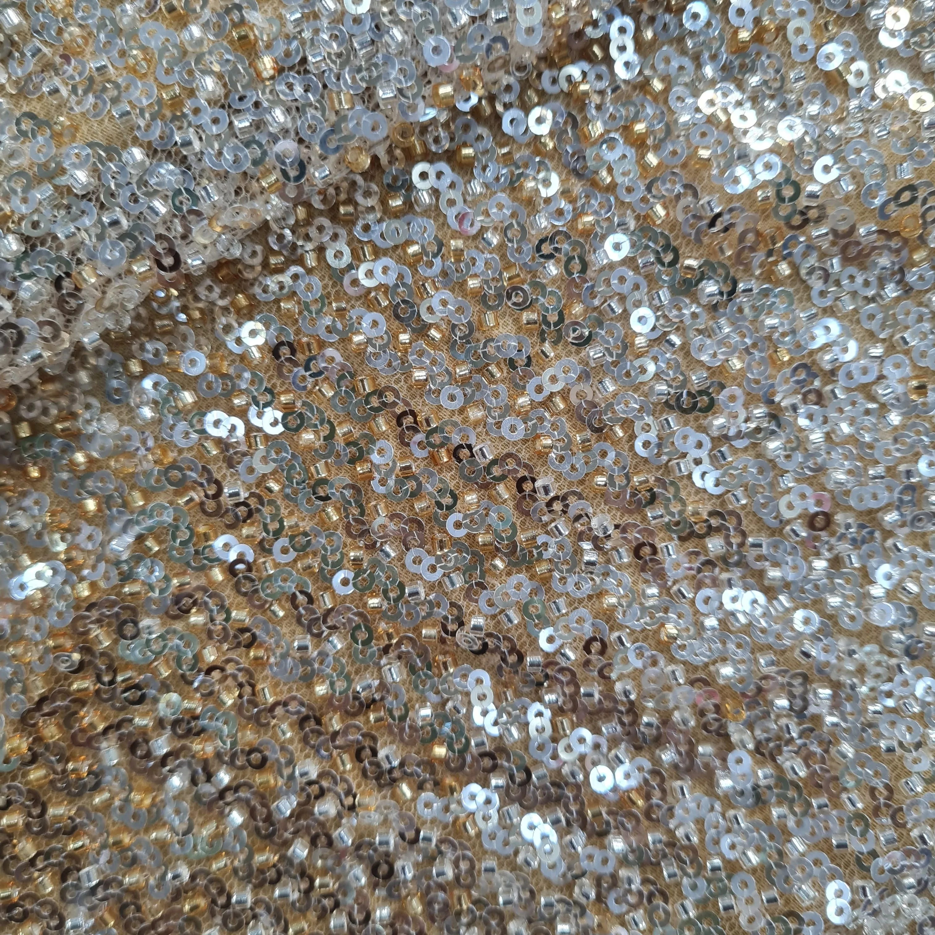 Beige and Gold Cut Dana Embroidery Net Fabric 17842