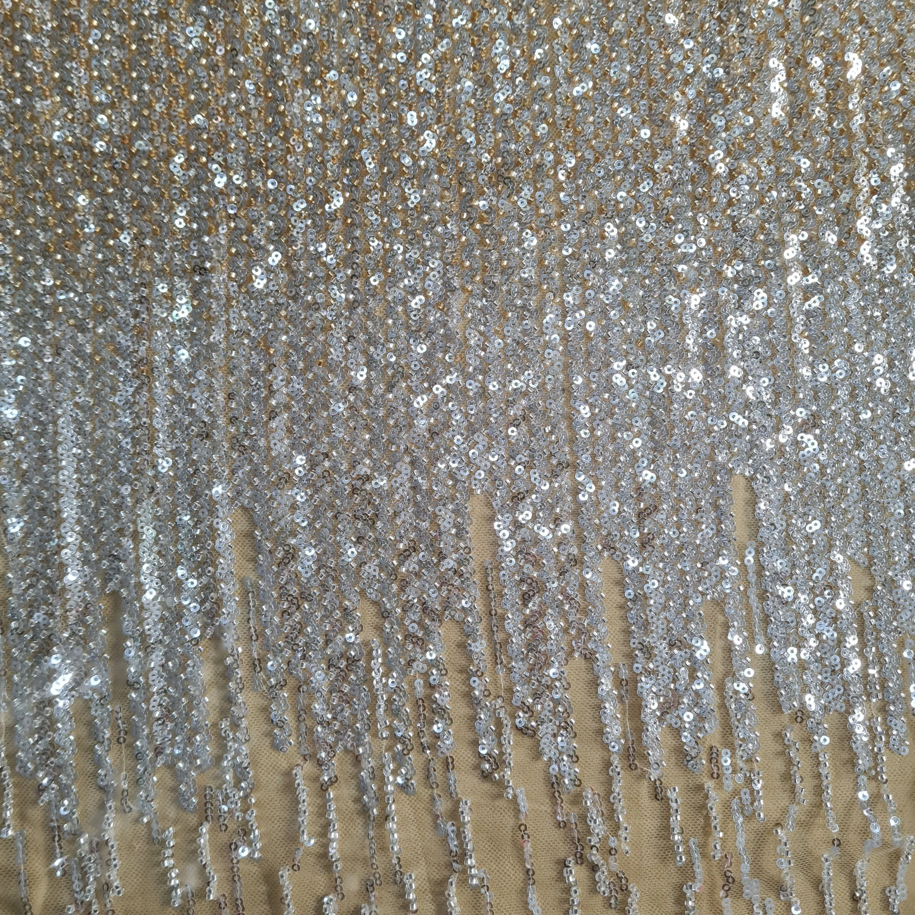 Beige and Gold Cut Dana Embroidery Net Fabric 17842