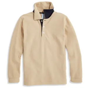 Bella Bliss Long Sleeve Pique Polo with Contrast Collar in Beige with Navy
