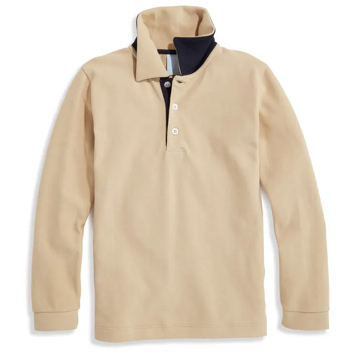 Bella Bliss Long Sleeve Pique Polo with Contrast Collar in Beige with Navy