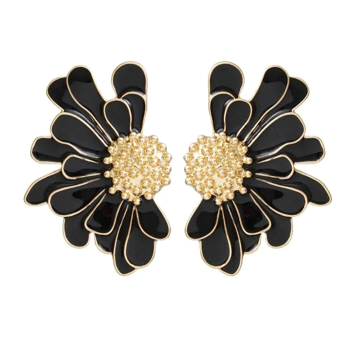 Black Daisy Earrings Gold Tone: Botanical Fashion Jewelry