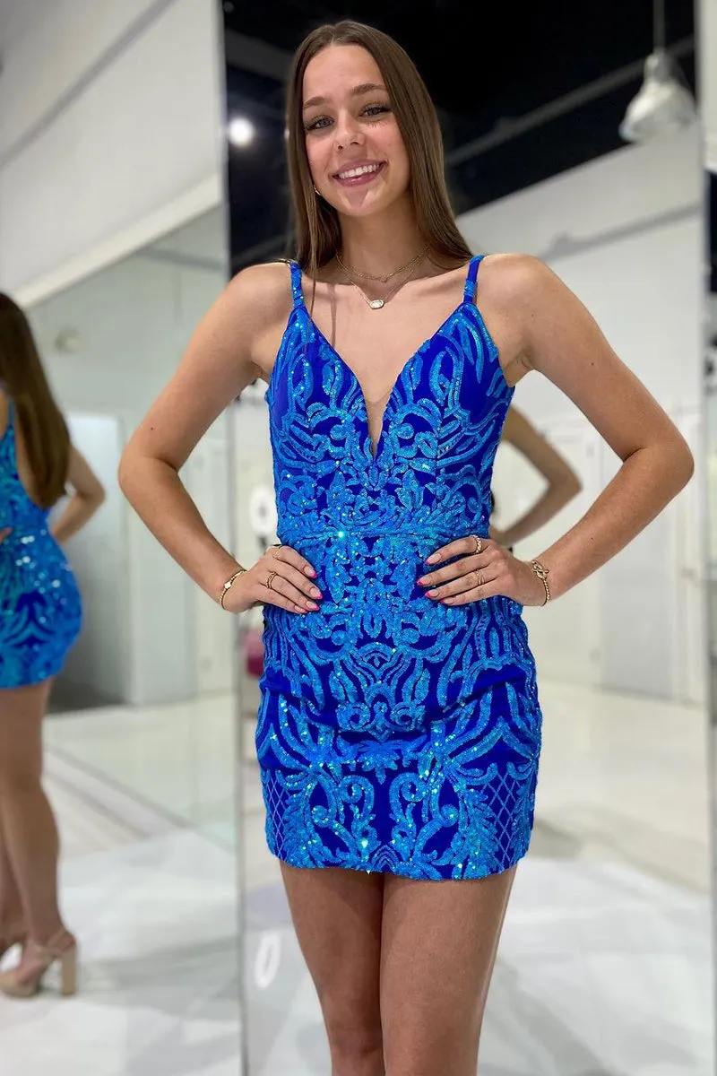 bodycon V Neck Sequin Lace Tight Short Homecoming Dresses VK23091603