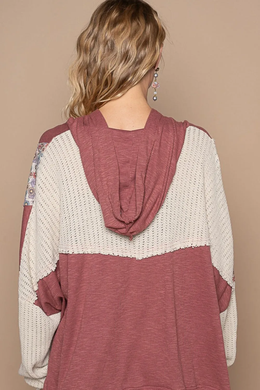 Bohemian Long Sleeve Floral Peace Patch Ribbed Hoodie