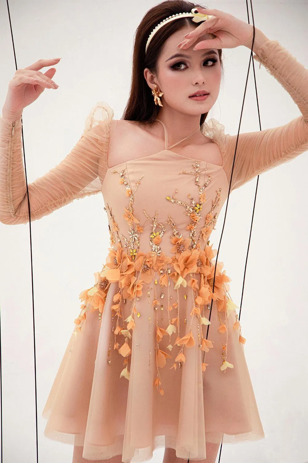 Canary Fit and Flare Flower Applique Mesh Mini Dress