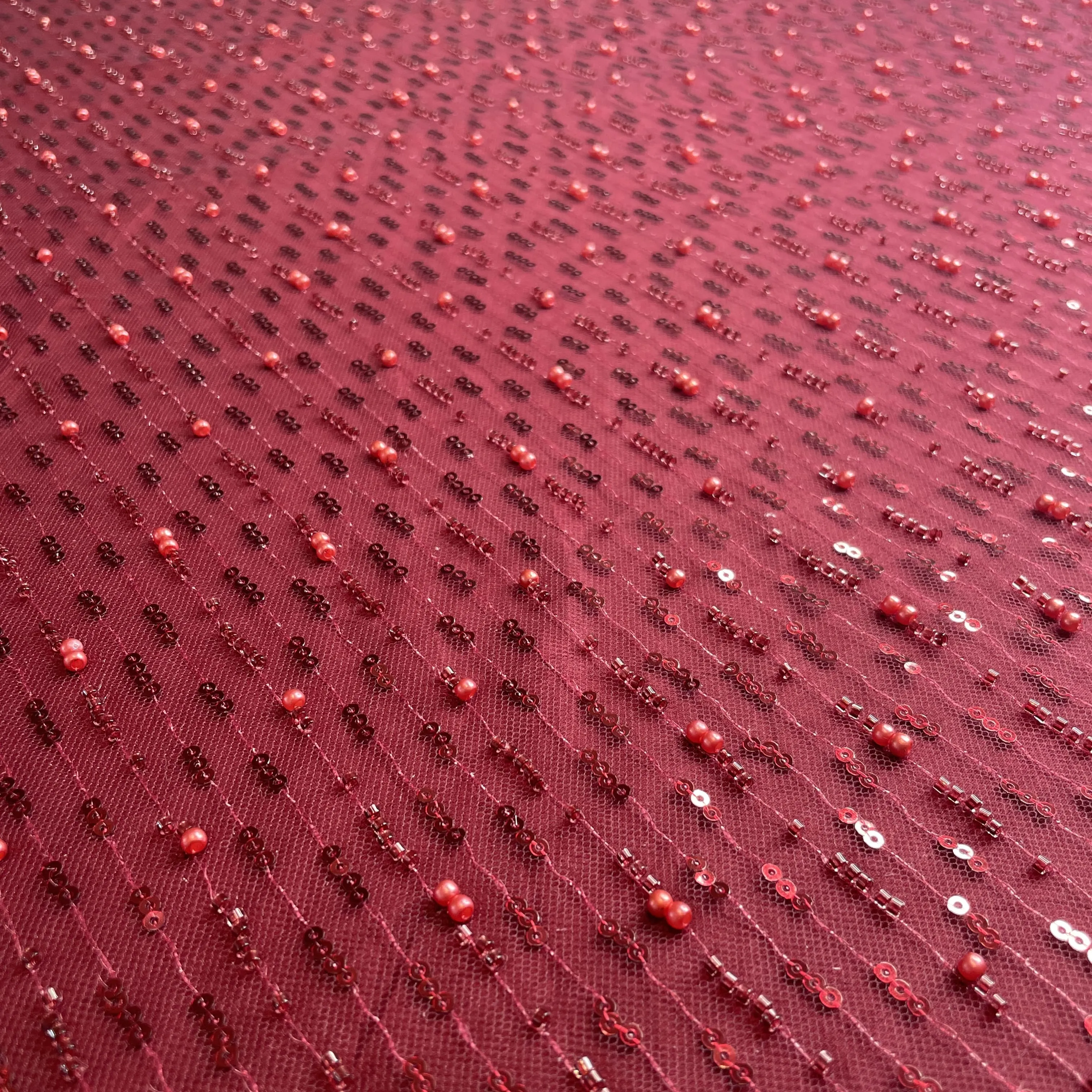 Exclusive Maroon Pearl Sequins Cut Dana Embroidery Net Fabric
