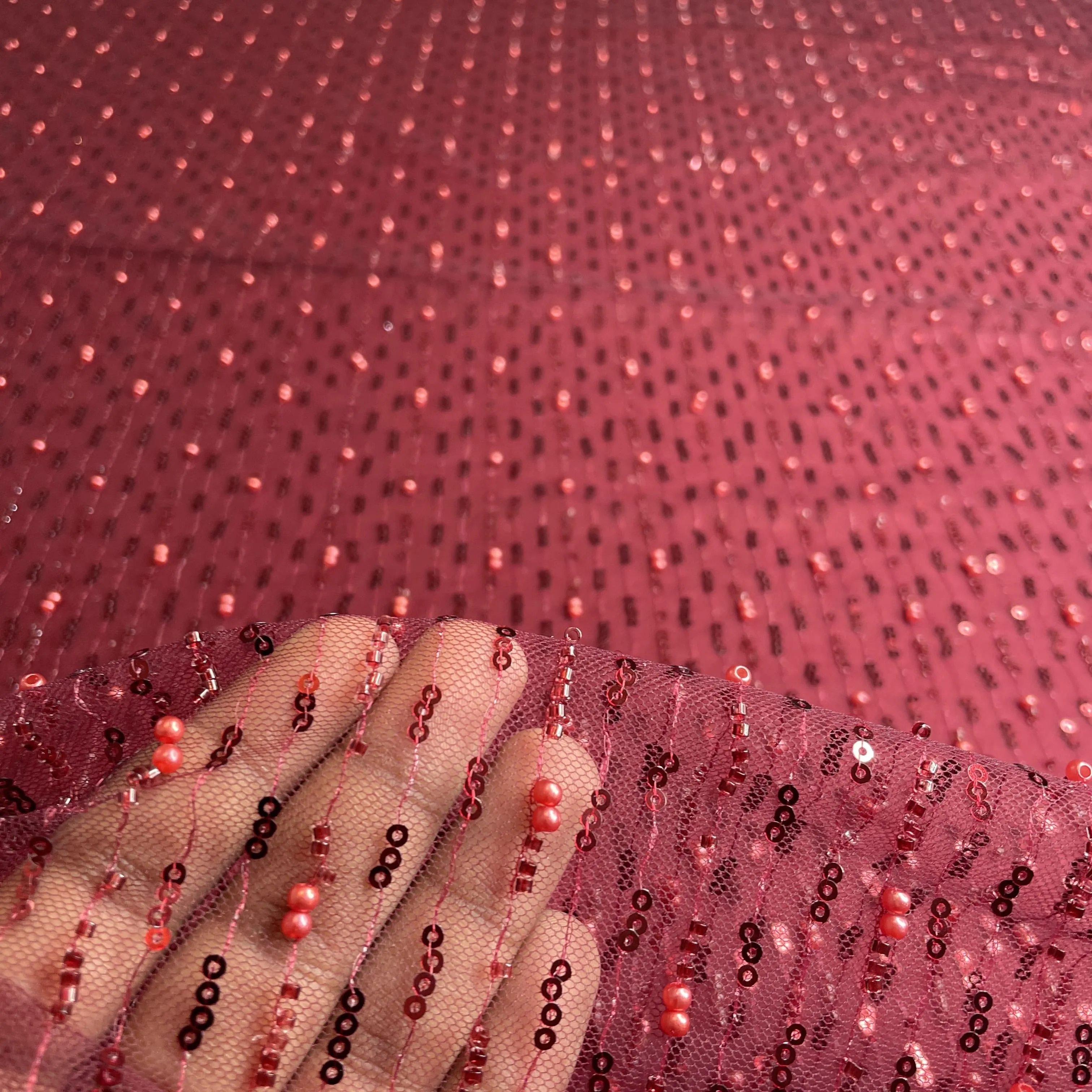 Exclusive Maroon Pearl Sequins Cut Dana Embroidery Net Fabric