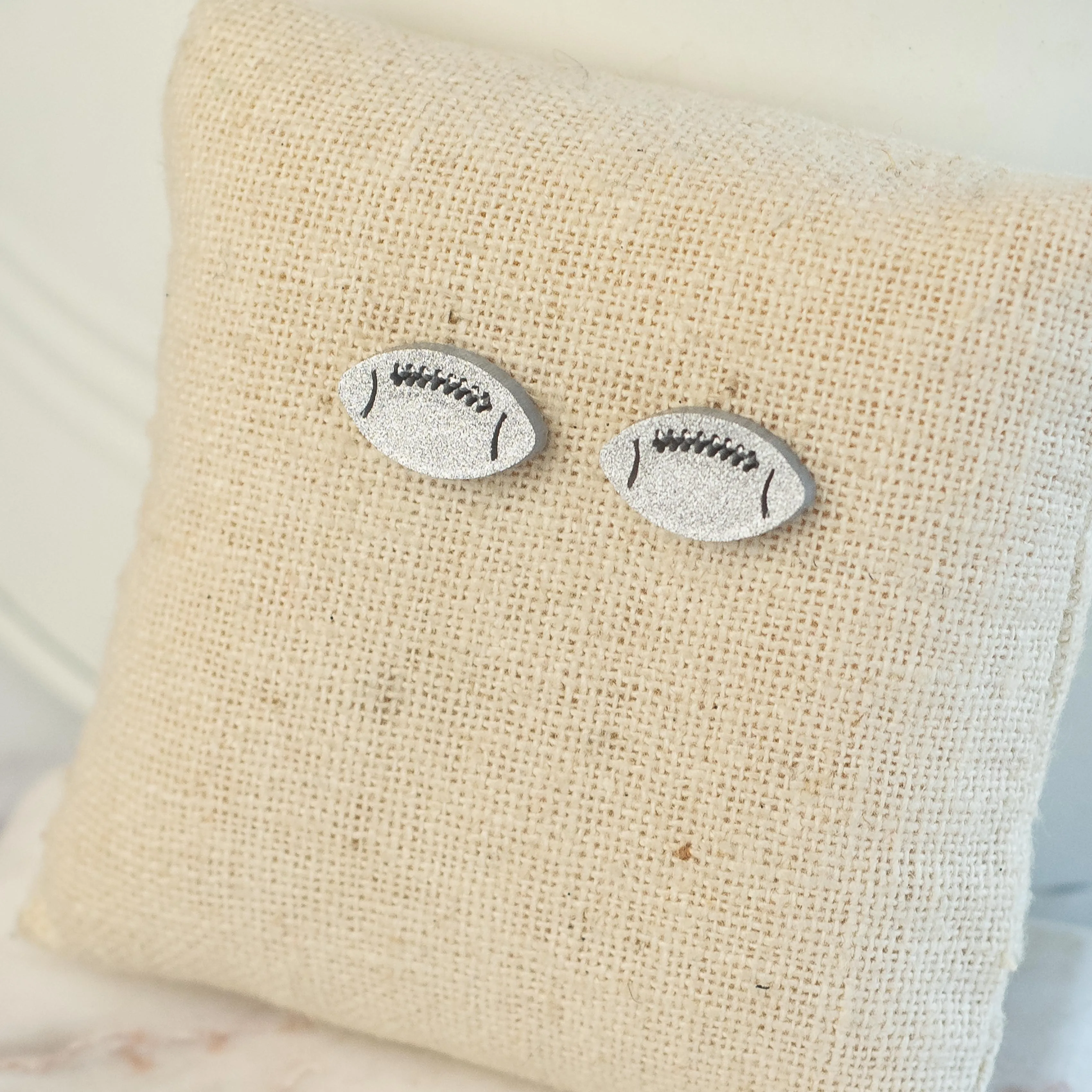 Football Stud Earrings in Silver Glitter