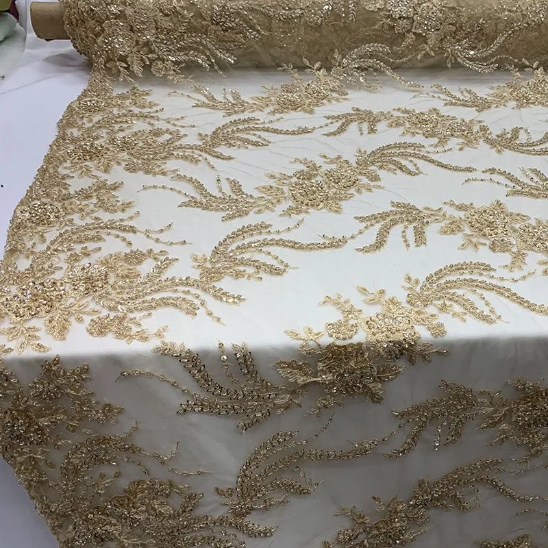 FRENCH FLOWERS BEADED MESH LACE FABRIC BY THE YARD