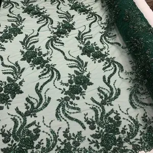 FRENCH FLOWERS BEADED MESH LACE FABRIC BY THE YARD