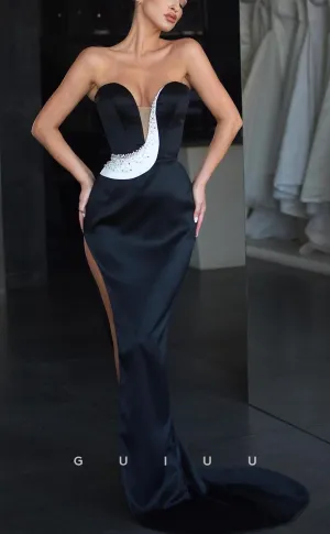 G3698 - Sexy & Hot Sheath Sweetheart Beaded Long Evening Party Gown Prom Dress with High Side Slit and Sweep Train