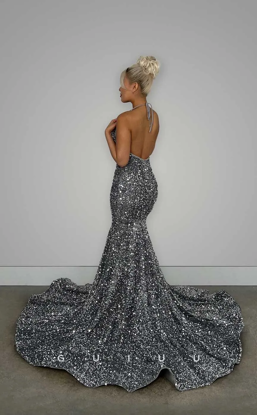 G4424 - Classic & Modern Mermaid Halter  Beaded Open Back Prom Party Dress with Train for Black Girl Slay