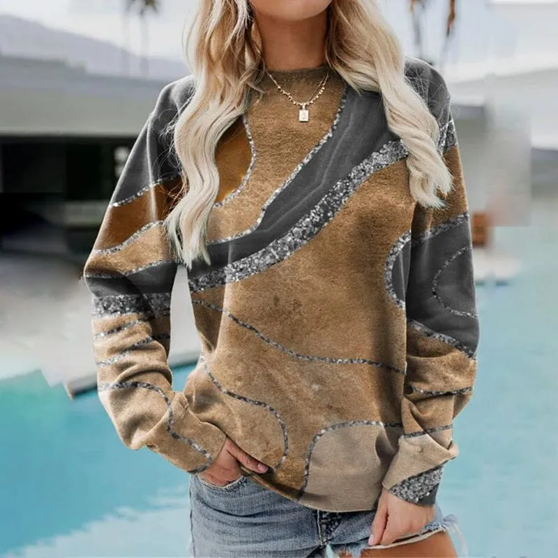 Geometric Loose Print Long Sleeve Crew Neck Sweatshirt