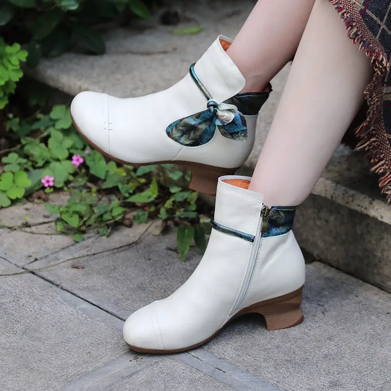 Handmade Leather Chelsea Boots For Women Soft Ankle Boots Retro Round Toe Black/White