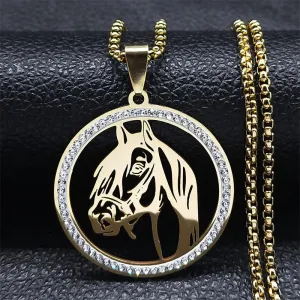 HNSP Crystal Stainless Steel Horse Head Pendant Chain Necklace For Men Women Jewelry Animal Style Punk Hip Hop Rock Accessories