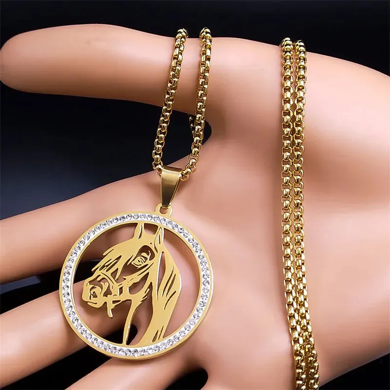 HNSP Crystal Stainless Steel Horse Head Pendant Chain Necklace For Men Women Jewelry Animal Style Punk Hip Hop Rock Accessories