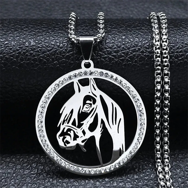 HNSP Crystal Stainless Steel Horse Head Pendant Chain Necklace For Men Women Jewelry Animal Style Punk Hip Hop Rock Accessories