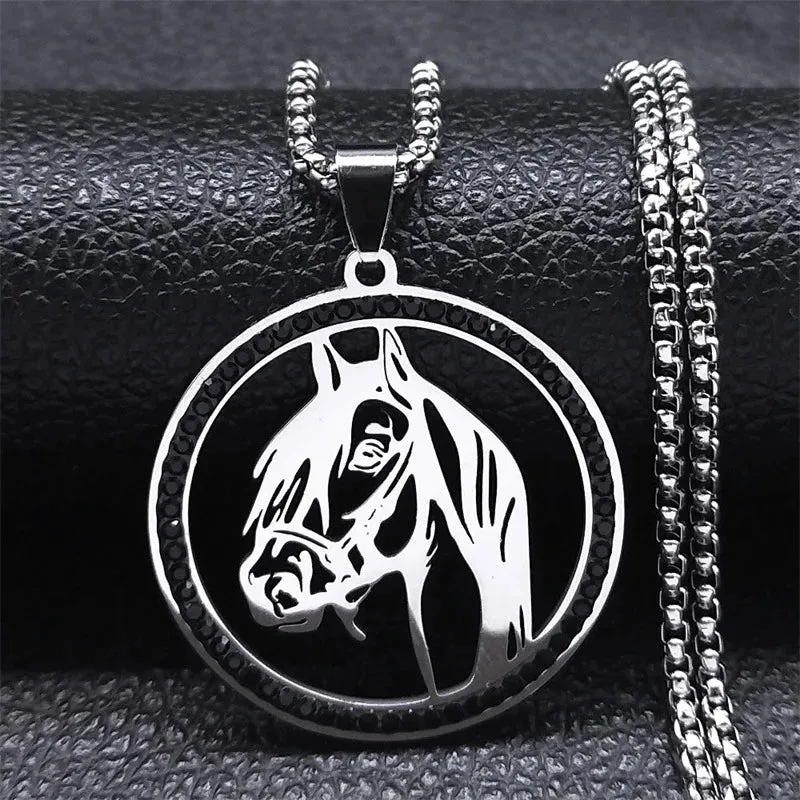 HNSP Crystal Stainless Steel Horse Head Pendant Chain Necklace For Men Women Jewelry Animal Style Punk Hip Hop Rock Accessories