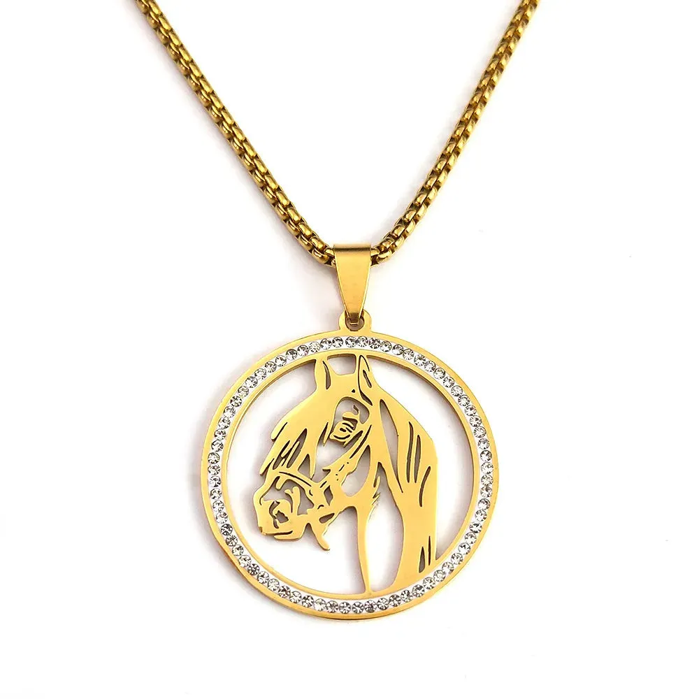 HNSP Crystal Stainless Steel Horse Head Pendant Chain Necklace For Men Women Jewelry Animal Style Punk Hip Hop Rock Accessories