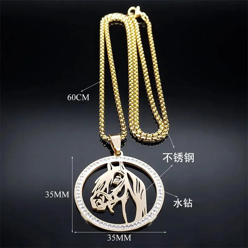 HNSP Crystal Stainless Steel Horse Head Pendant Chain Necklace For Men Women Jewelry Animal Style Punk Hip Hop Rock Accessories