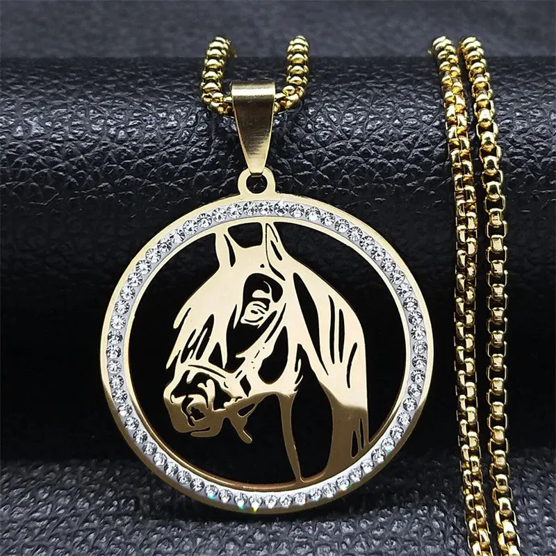 HNSP Crystal Stainless Steel Horse Head Pendant Chain Necklace For Men Women Jewelry Animal Style Punk Hip Hop Rock Accessories