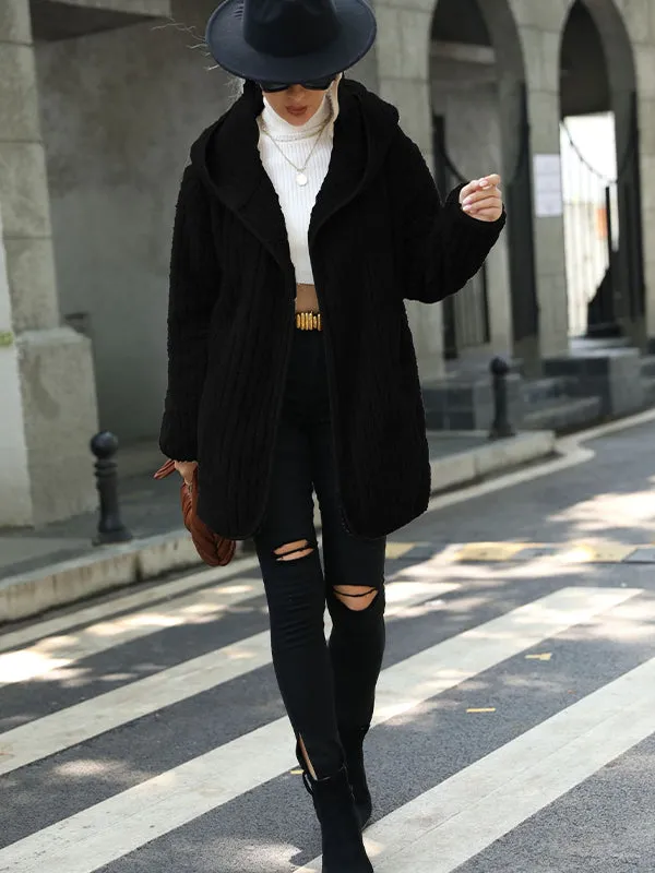 Hooded Loose Reversible Plush Buttonless Cardigan Jacket