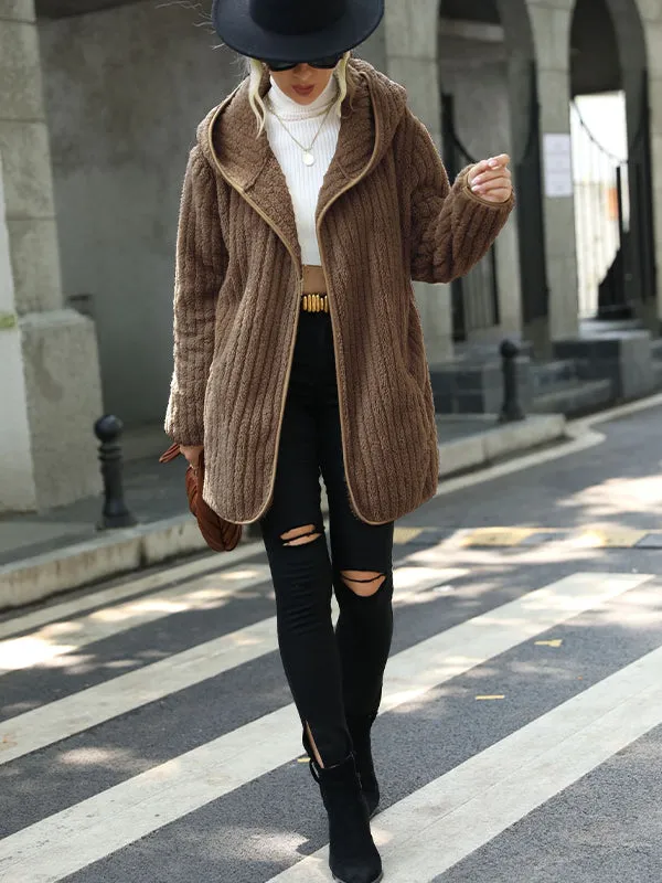 Hooded Loose Reversible Plush Buttonless Cardigan Jacket