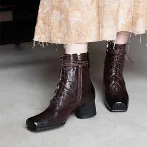 Lace-up Leather Ankle Boots Slimming Boots Elegant Glove-Like Retro Boots Block Heel