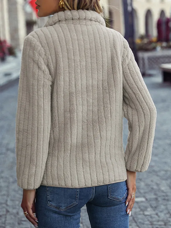 Lapel Long Sleeve Half Zip Ribbed Double-Faced Fleece Sweatshirt
