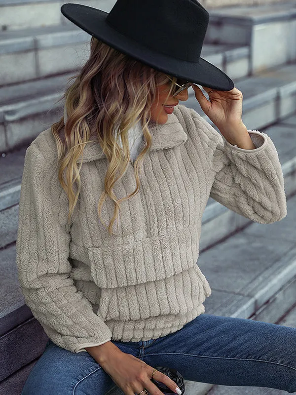 Lapel Long Sleeve Half Zip Ribbed Double-Faced Fleece Sweatshirt