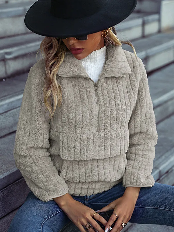 Lapel Long Sleeve Half Zip Ribbed Double-Faced Fleece Sweatshirt
