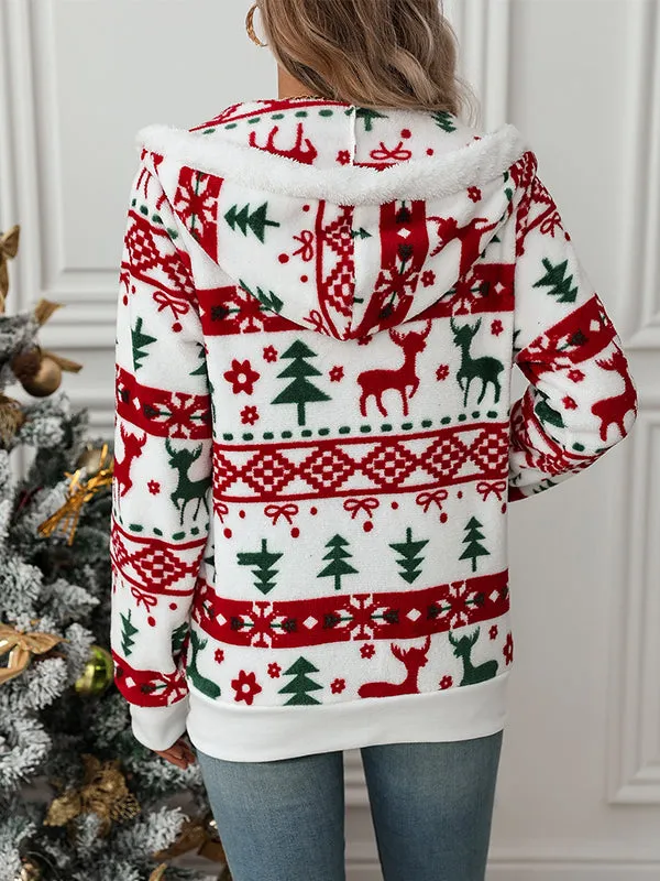 Long Sleeve Cardigan Christmas Print Plush Jacket