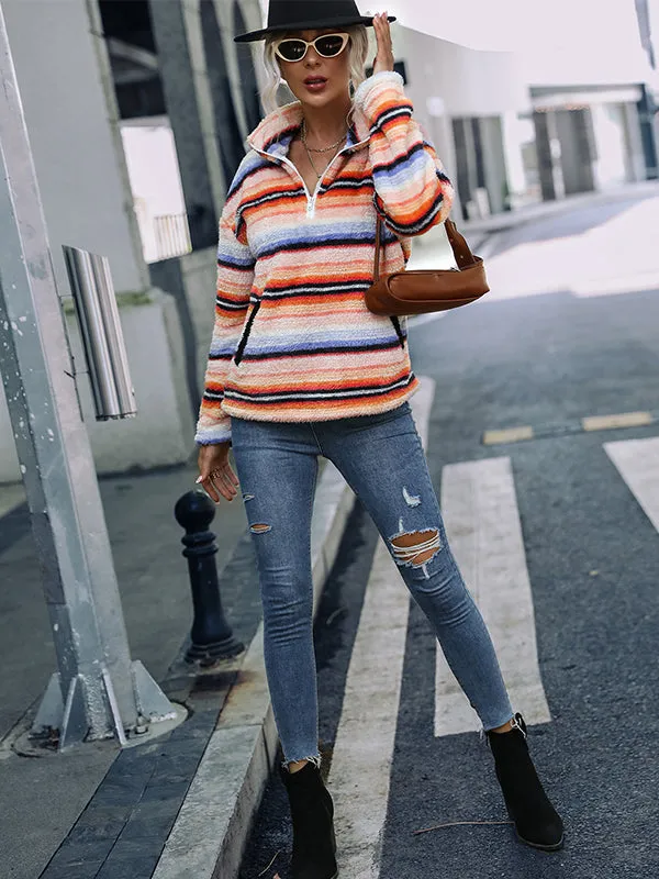 Long Sleeve Lapel Striped Plush Pullover Sweatshirt