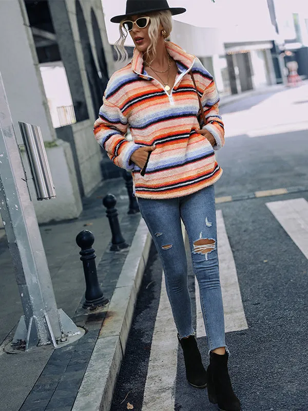 Long Sleeve Lapel Striped Plush Pullover Sweatshirt