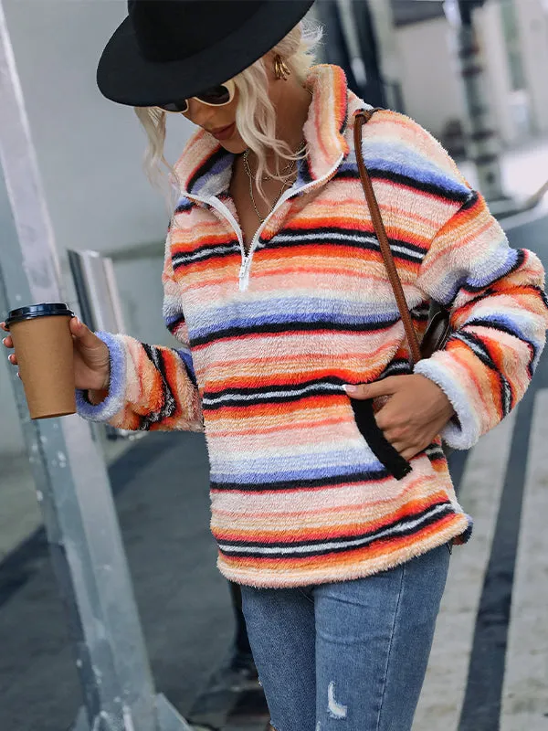 Long Sleeve Lapel Striped Plush Pullover Sweatshirt