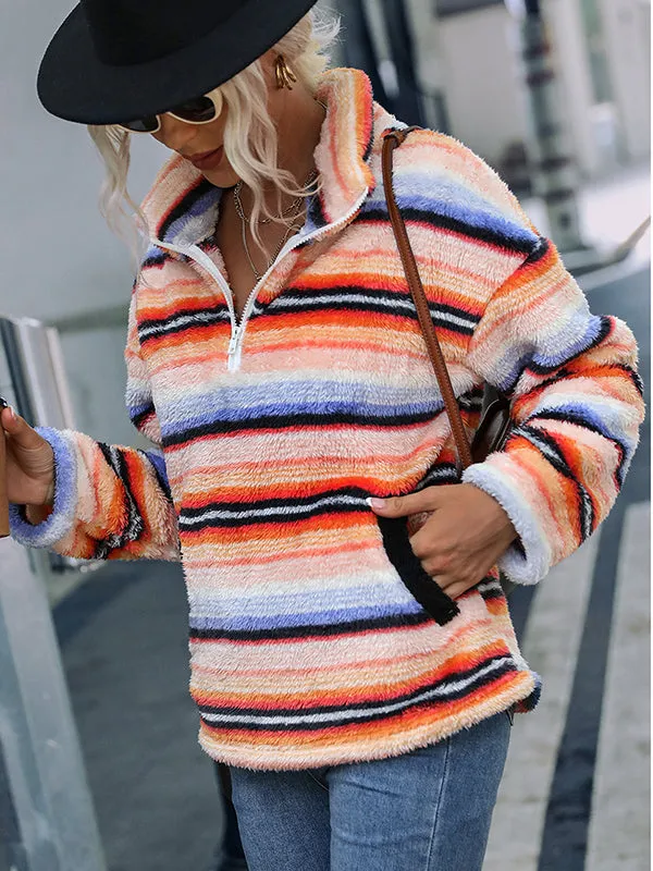 Long Sleeve Lapel Striped Plush Pullover Sweatshirt