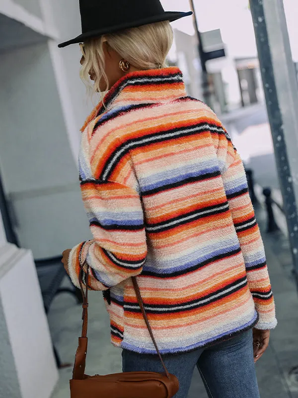 Long Sleeve Lapel Striped Plush Pullover Sweatshirt