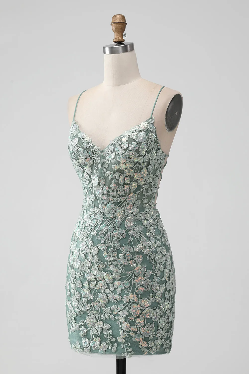 Luolandi Grey Green Bodycon Appliqued Lace-Up Back Short Homecoming Dress With Sequin Beautiful