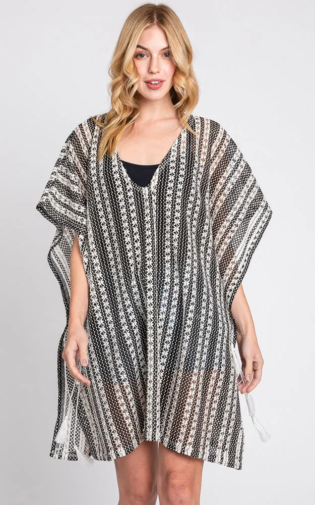 MS0341 STRIPED PATTERN CROCHET COVER-UP PONCHO