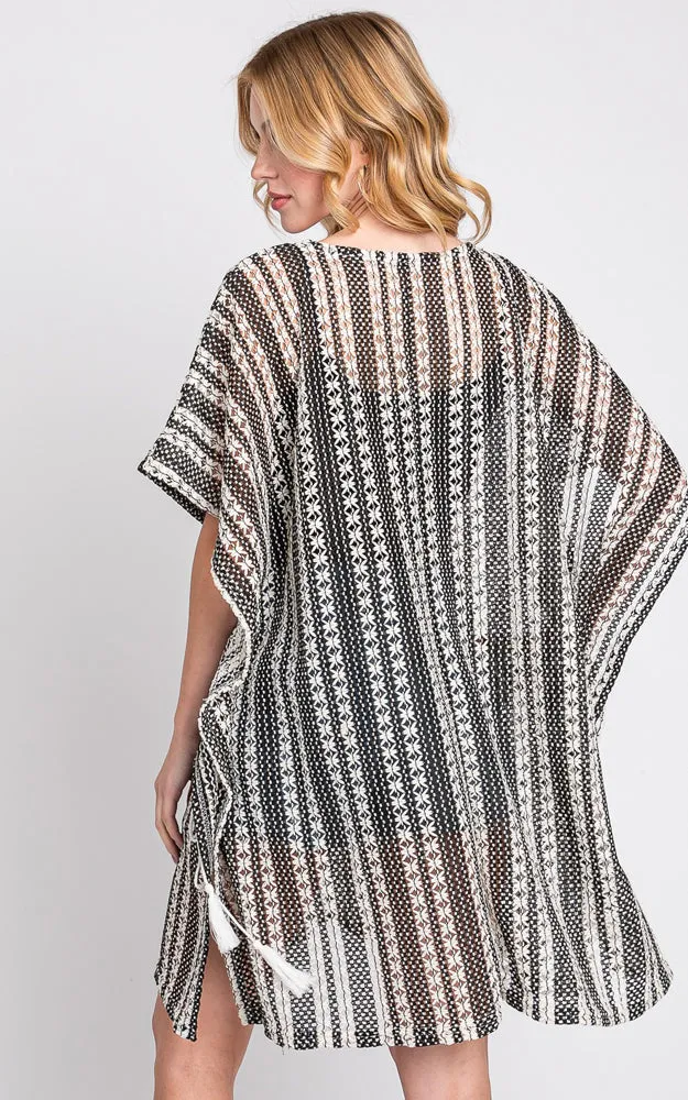 MS0341 STRIPED PATTERN CROCHET COVER-UP PONCHO