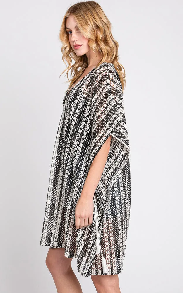 MS0341 STRIPED PATTERN CROCHET COVER-UP PONCHO