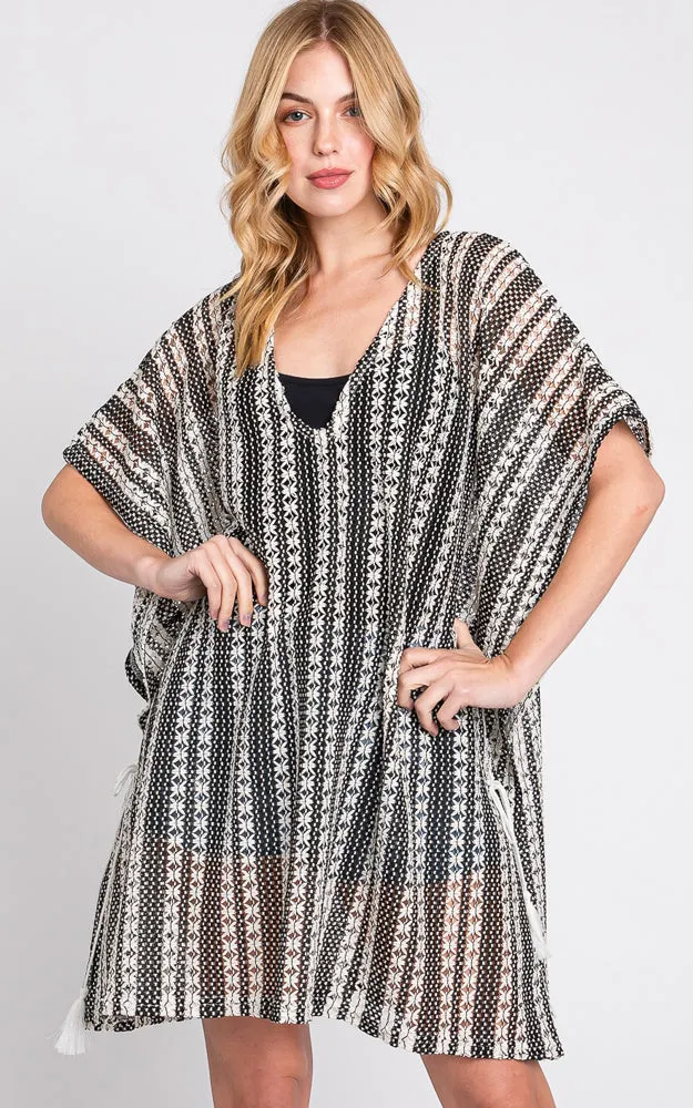 MS0341 STRIPED PATTERN CROCHET COVER-UP PONCHO