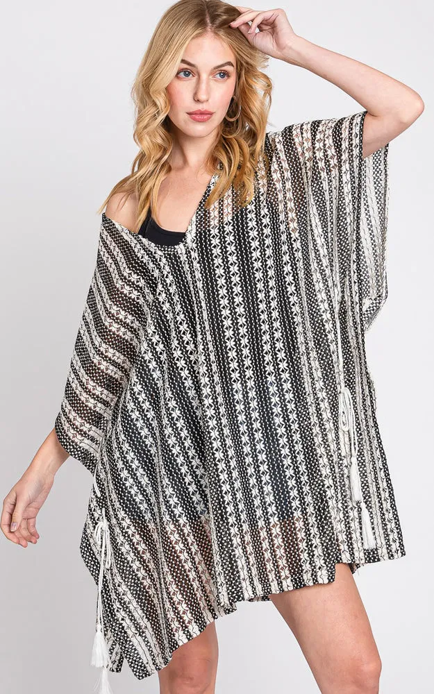 MS0341 STRIPED PATTERN CROCHET COVER-UP PONCHO